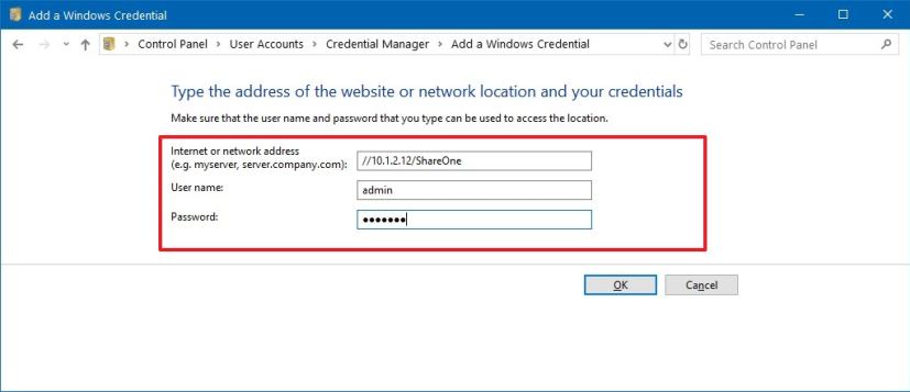 Add network credential on Windows 10