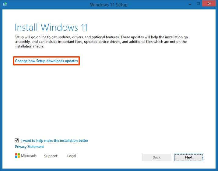 Windows 11 setup update option