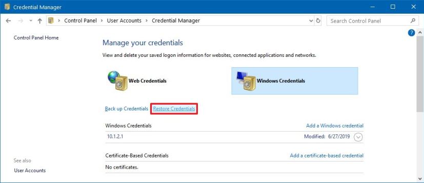 Restore Windows 10 credentials option